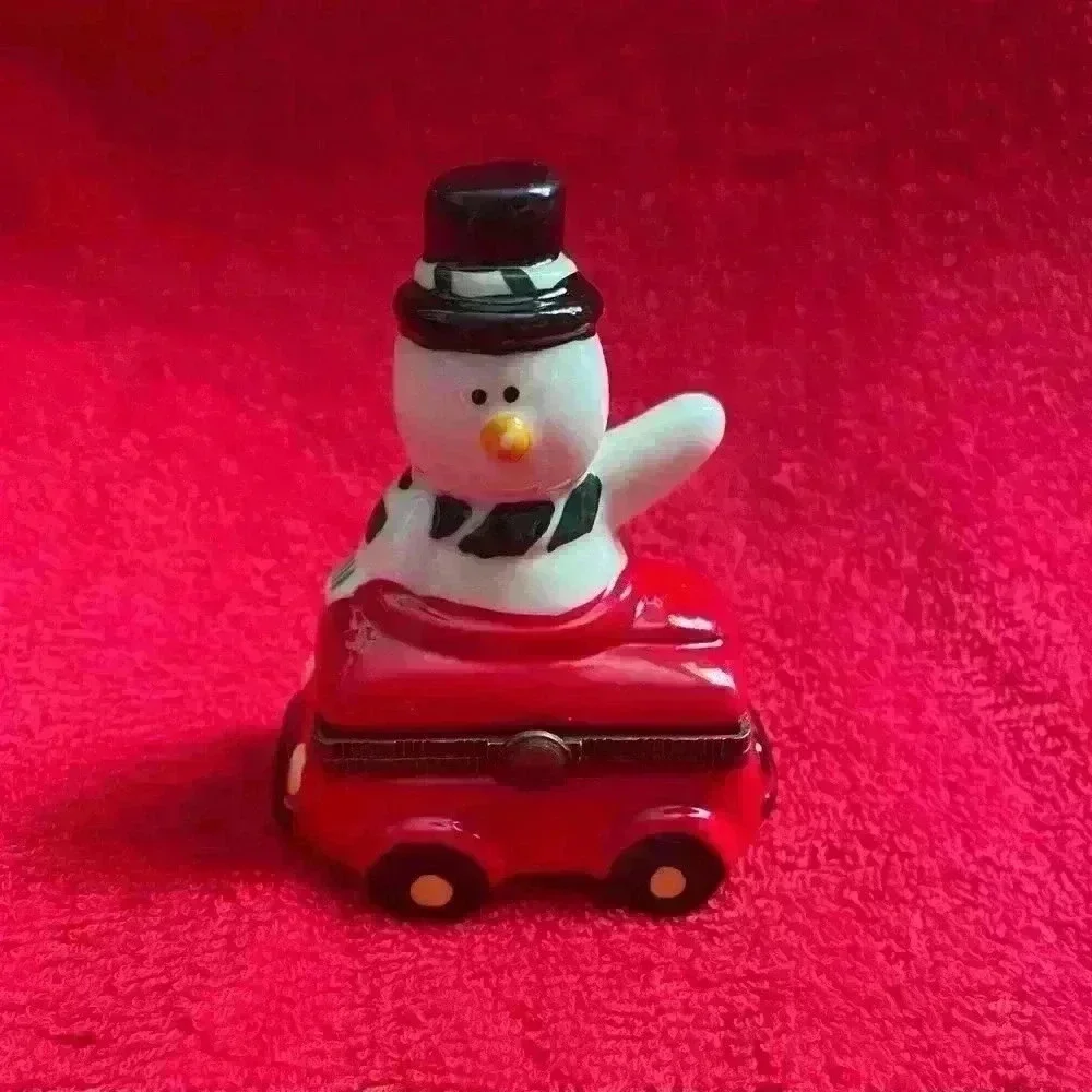 Two Vintage Christmas Porcelain Hinged Trinket Boxes Snowman and Sleigh NIB